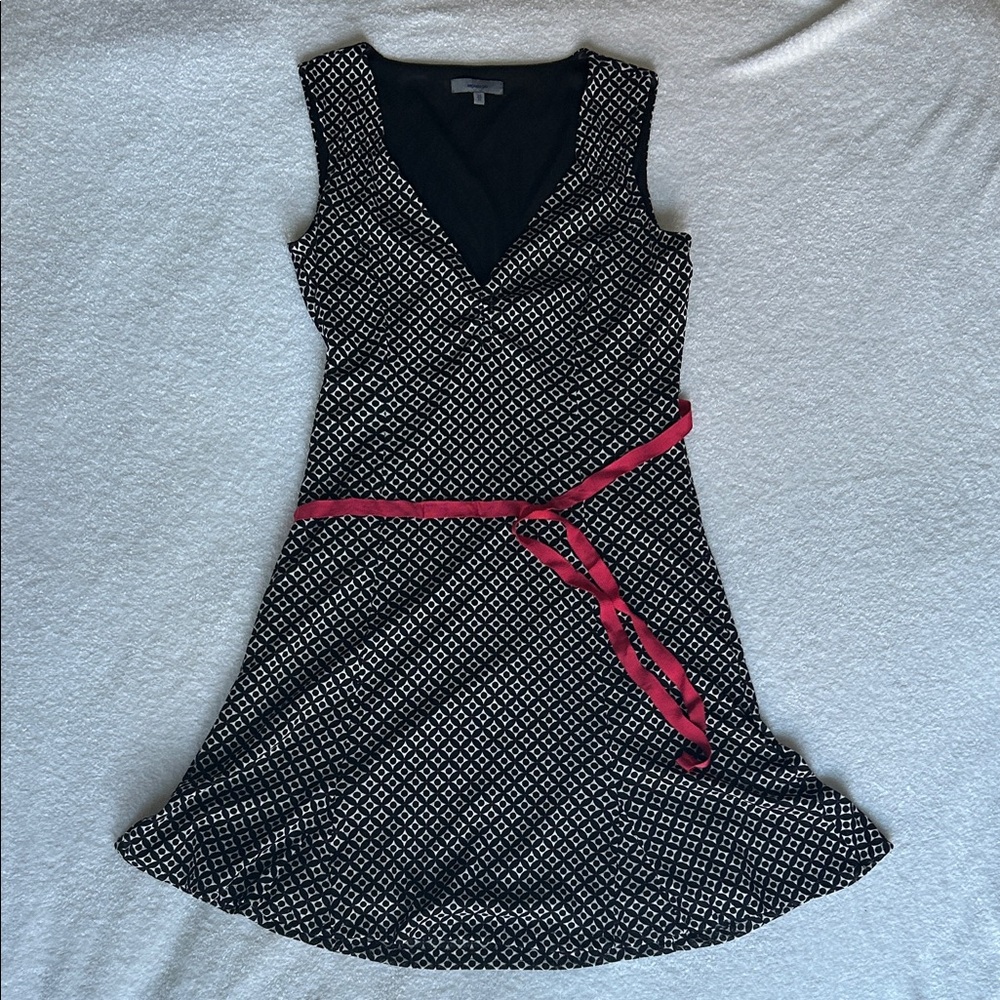 Montego Black and White Patterned Flare Mini Dress with Red Tie Waist V-Neck